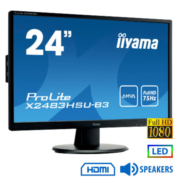Used Monitor X2483 LED/IIyama/24\"FHD/1920x1080/Wide/Black/w/Speakers/D-SUB & DP & HDMI & USB Hub - Image 1
