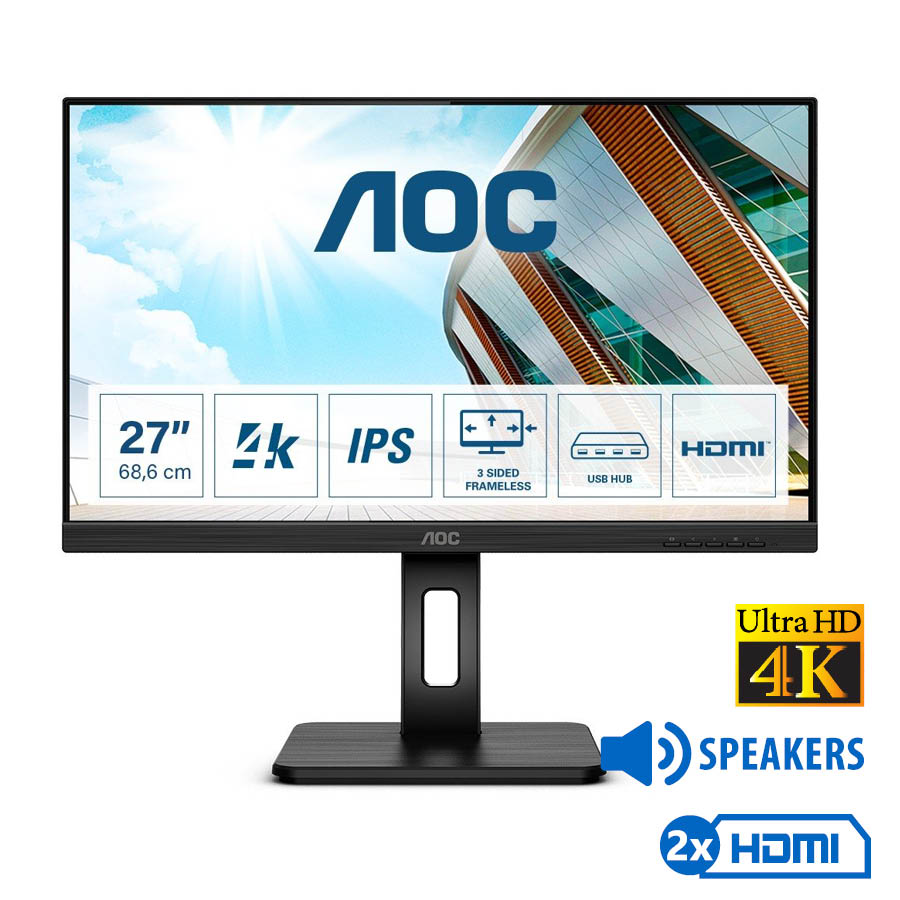 101908_1 Used Monitor U27P2 IPS/AOC/27``UHD 4k/3840x2160/Wide/Black/w/Speakers/DP & 2xHDMI & USB 3.0 HUB - Image 1
