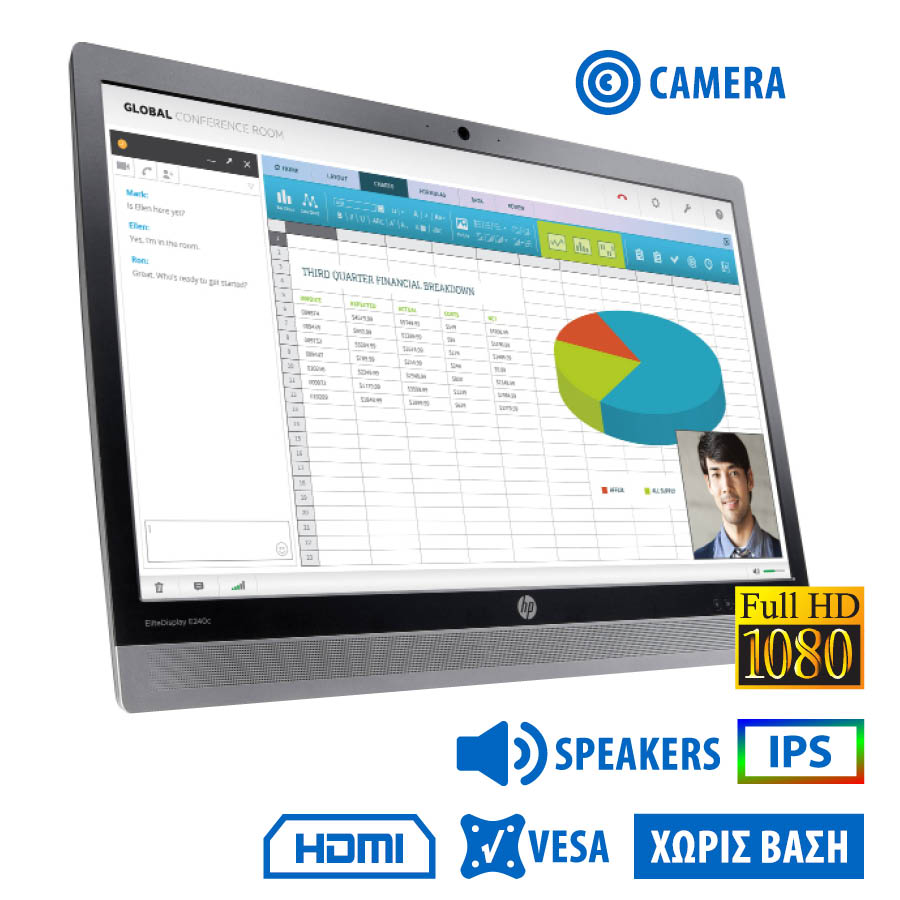 102556_1 Used Monitor EliteDisplay E240c IPS LED/HP/24``FHD/w/Camera/1920x1080/Wide/Black/No Stand/w/Speakers - Image 1