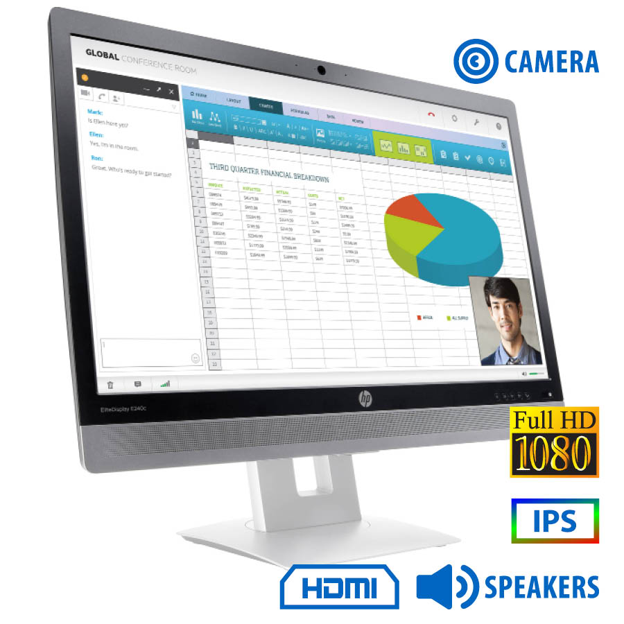 67129_1 Used Monitor EliteDisplay E240c IPS LED/HP/24``FHD/w/Camera/1920x1080/Wide/Black/w/Speakers/D-SUB & - Image 1