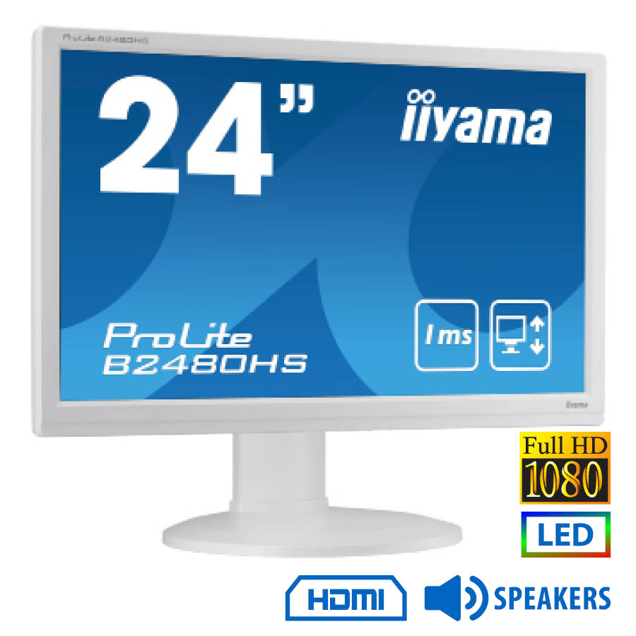68897_1 Used Monitor PL2480H LED/Iiyama/24``FHD/1920x1080/Wide/White/w/Speakers/D-SUB & DVI-D & HDMI - Image 1