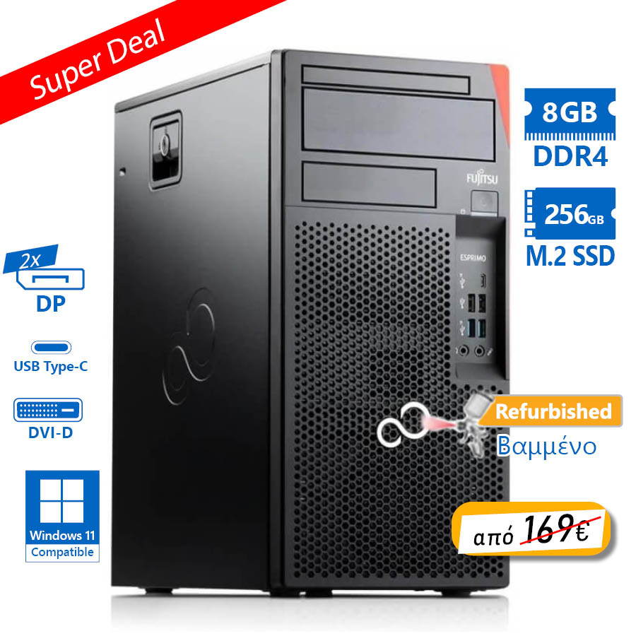 102872-1 Fujitsu P958 Tower i5-8500/8GB DDR4/256GB M.2 SSD/No ODD/Grade A+ Refurbished PC - Image 1