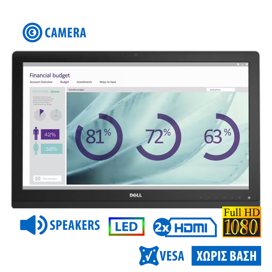 101565_1 Used Monitor UZ2315Hx LED/Dell/23``FHD/w/Camera/1920x1080/Wide/Silver/Black/w/Speakers/No Stand/D-SU - Image 1